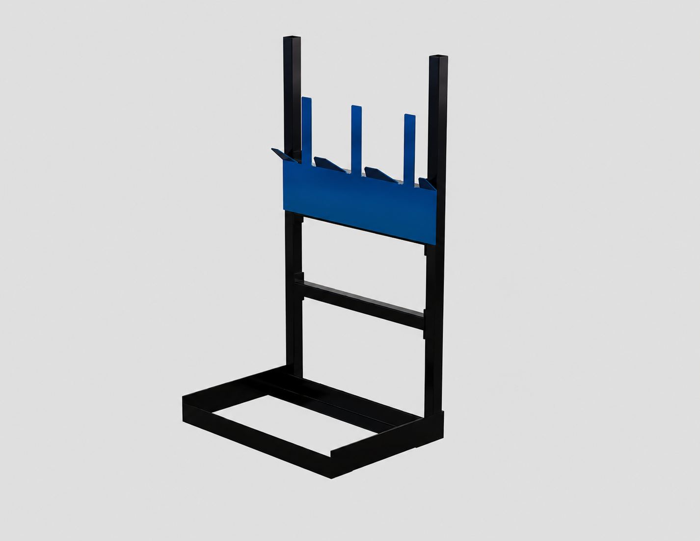 Industrial steel fixture with black frame and blue upper plate