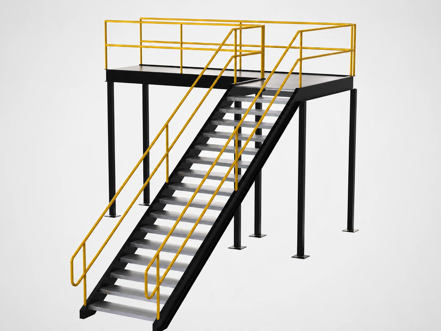 Steel mezzanine platform and access stair with yellow guardrails
