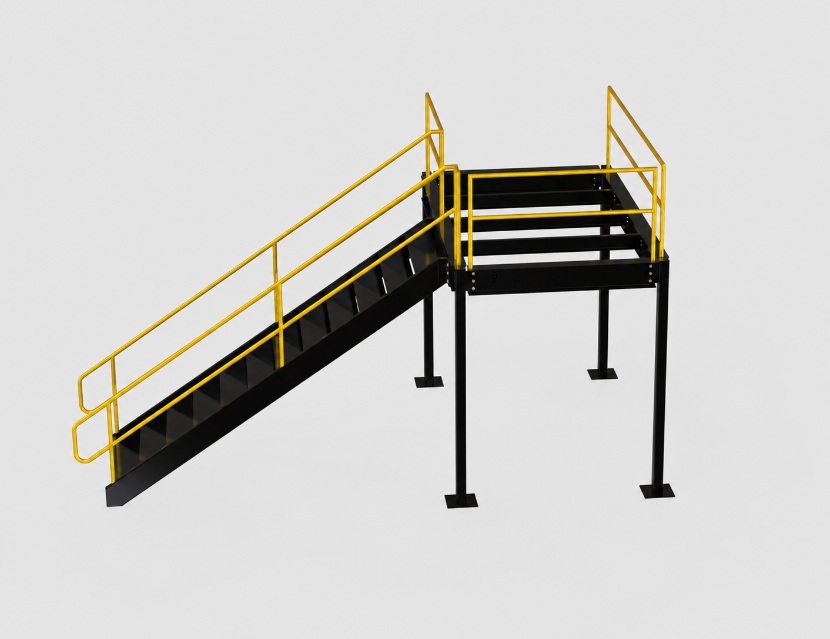 Steel stair and platform with yellow guardrail