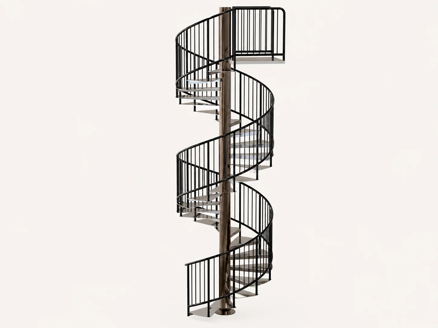 Tall custom steel spiral staircase CAD render with curved guardrails